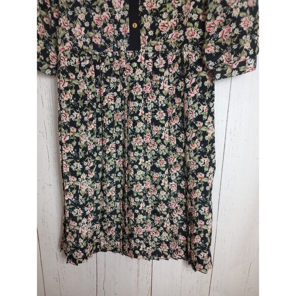 Vintage Dress 14 Large Long Sleeve Pleated Black Pink Flowers Secretary Breli - Picture 3 of 10
